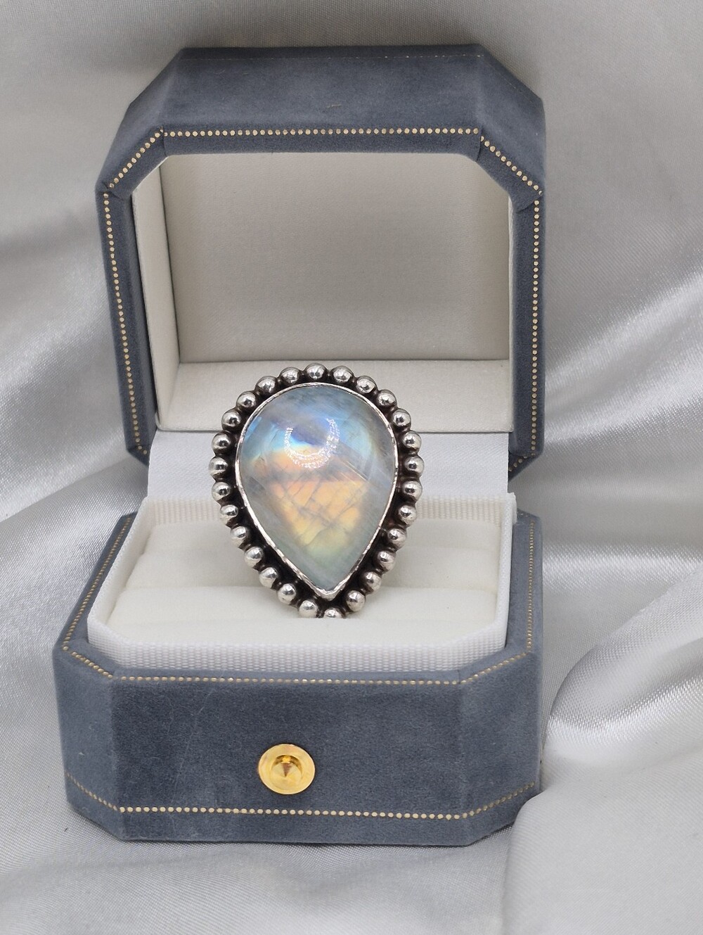 ADJUSTABLE Solid Sterling Rainbow Moonstone Teardrop Chunky Ring Iridescent